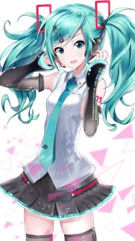 Rule 34 | 1girl, aqua eyes, aqua hair, aqua necktie, arm tattoo, black skirt, black sleeves, black thighhighs, breasts, commentary, cosplay, cowboy shot, detached sleeves, hair between eyes, hair ornament, hatsune miku, hatsune miku (cosplay), hatsune miku (vocaloid4), headphones, headset, highres, itogari, jewelry, leo/need miku, long hair, looking at viewer, medium breasts, miniskirt, necktie, number tattoo, open mouth, pleated skirt, project sekai, see-through clothes, see-through legwear, self cosplay, shirt, simple background, skirt, sleeveless, sleeveless shirt, smile, solo, tattoo, thighhighs, twintails, v4x, very long hair, vocaloid, white background, white shirt, zettai ryouiki