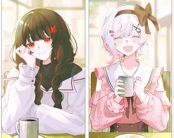 2girls :d ^_^ alternate_costume black_hair black_hairband black_sweater blunt_bangs blurry blurry_background book_off braid closed_eyes closed_mouth coffee_mug commentary_request cup flower frilled_shirt frilled_shirt_collar frills hair_flower hair_ornament hairband hairclip hand_on_own_cheek hand_on_own_face hand_up highres holding holding_cup indoors jacket long_hair long_sleeves looking_at_viewer mahou_shoujo_no_majo_saiban mug multicolored_hair multiple_girls nikaido_hiro official_alternate_costume open_mouth red_eyes ritzchrono sakuraba_ema shirt short_hair smile split_screen sweater table twin_braids upper_body white_hair white_jacket x_hair_ornament