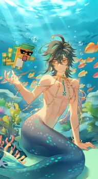 1boy absurdres ajaw_(genshin_impact) arm_tattoo black_hair blonde_hair chest_tattoo earrings fish genshin_impact green_eyes green_hair hair_between_eyes highres jewelry kinich_(genshin_impact) liu_(erzplubdduik93g) long_hair male_focus merman monster_boy multicolored_hair necklace solo streaked_hair tattoo topless_male underwater