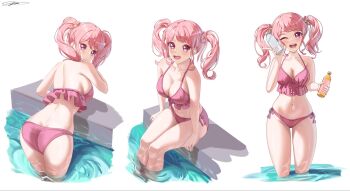 1girl alternate_costume bang_dream! bare_shoulders bikini bottle breasts cleavage frilled_bikini frills highres holding holding_bottle looking_at_viewer maruyama_aya medium_breasts medium_hair multiple_persona navel open_mouth pink_bikini pink_hair pool poolside sideboob signature simple_background sitting solo standing standing_on_liquid swimsuit teeth thighs twintails upper_body upper_teeth_only v white_background zuka_ryu