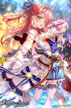 Rule 34 | 1girl, battle spirits, blue skirt, clothing cutout, commentary request, concert, copyright logo, copyright name, copyright notice, crown, fujima takuya, gloves, glowstick, green eyes, hair ribbon, holding, holding microphone, idol clothes, logo, looking at viewer, microphone, navel, navel cutout, noa fleur, official art, open mouth, red hair, ribbon, skirt, solo, thighhighs, two side up, white gloves, white thighhighs