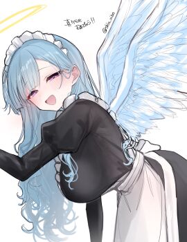 1girl absurdres angel angel_wings apron black_dress blue_hair breasts dress feathered_wings halo highres juliet_sleeves large_breasts long_hair long_sleeves looking_at_viewer maid maid_apron maid_headdress nibo_shia open_mouth original puffy_sleeves purple_eyes solo upper_body white_apron white_headdress white_wings wings
