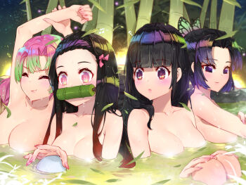 >:) 4girls :o ? afloat armpits arms_up bamboo bathing bit_gag black_hair blunt_bangs breasts butterfly_hair_ornament cleavage commentary_request completely_nude eighth_note fingernails forehead gag gagged gradient_hair green_hair hair_ornament hair_ribbon highres kamado_nezuko kanroji_mitsuri kimetsu_no_yaiba kochou_shinobu large_breasts leaf long_fingernails long_hair looking_to_the_side medium_breasts mole mole_under_eye multicolored_hair multiple_girls musical_note nail_polish nude onsen parted_lips partially_submerged pink_eyes pink_hair pink_nails pink_ribbon purple_eyes purple_hair red_eyes red_hair ribbon rock short_hair small_breasts sparkle stretching tsuyuri_kanao upper_body v-shaped_eyebrows water waterring