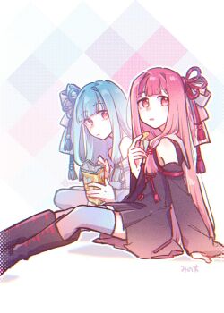 2girls arm_support artist_name bag bag_of_chips black_boots black_dress blue_hair blue_ribbon blue_thighhighs boots chips_(food) closed_mouth detached_sleeves dress feet_out_of_frame food from_side gradient_clothes gradient_dress gradient_thighhighs hair_ribbon hand_up highres holding holding_bag holding_food indian_style knee_boots kotonoha_akane kotonoha_aoi leaning_forward long_hair looking_to_the_side low-tied_sidelocks mi_no_take multiple_girls outstretched_legs parted_lips patterned_background pink_hair potato_chips red_ribbon ribbon short_dress siblings side-by-side sidelocks sisters sitting sleeveless sleeveless_dress thighhighs voiceroid