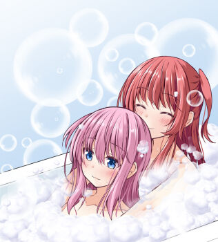 2girls bath bathing blue_eyes blush bocchi_the_rock! closed_eyes gotoh_hitori ichimi kita_ikuyo long_hair multiple_girls pink_hair red_hair shared_bathing side_ponytail soap_bubbles tagme yuri