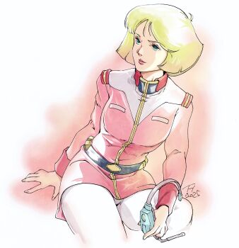 1girl blonde_hair blue_eyes commentary_request gundam highres kujira_gunsou lips long_sleeves military_uniform mobile_suit_gundam pantyhose sayla_mass short_hair skirt solo