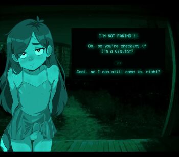 Rule 34 | 1boy, bulge, commentary, crossdressing, dipper pines, english commentary, erection, erection lifting skirt, erection under clothes, facial mark, forehead mark, gravity falls, honeyshot, long hair, male focus, no i'm not a human, no i'm not a human (style), no panties, penis, penis peek, shy, skirt, solo, user interface