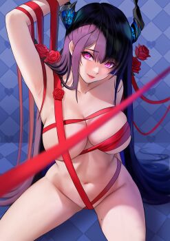 Rule 34 | 1girl, absurdres, arm up, armpits, asymmetrical horns, black hair, blue hair, breasts, closed mouth, colored inner hair, commentary, english commentary, flower, highres, hololive, hololive english, horns, large breasts, lazik 1337, light smile, long hair, looking at viewer, mole, mole on thigh, mole under eye, multicolored hair, naked ribbon, navel, nerissa ravencroft, purple eyes, red flower, red ribbon, red rose, ribbon, rose, sidelocks, sitting, slit pupils, solo, stomach, uneven horns, very long hair, virtual youtuber