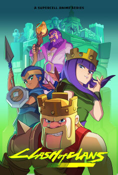 2boys 2girls archer_queen_(clash_of_clans) barbarian_king beard blue_eyes blue_hair cape clash_of_clans crown cyberpunk_(series) cyberpunk:_edgerunners dark-skinned_female dark_skin english_text facial_hair grand_warden green_cape green_eyes green_shirt highres holding holding_polearm holding_staff holding_weapon long_hair looking_at_viewer multiple_boys multiple_girls mustache polearm poster_parody purple_hair purple_robe robe royal_champion shirt sleeveless sleeveless_shirt spear staff weapon