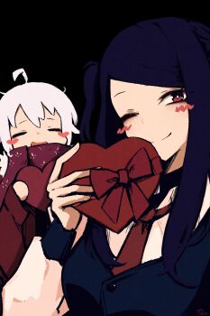 Rule 34 | 2girls, absurdres, black background, blue vest, blush, box, closed eyes, commentary, dana zane, english commentary, heart-shaped box, highres, jill stingray, long hair, multiple girls, necktie, open mouth, red eyes, red necktie, rnna, shirt, short hair, upper body, va-11 hall-a, vest, white hair, white shirt