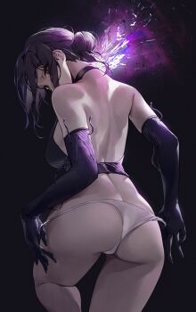 1girl absurdres ass back bare_shoulders black_choker chainsaw_man choker commentary_request elbow_gloves from_behind gloves green_eyes hair_bun highres looking_back ninebell panties purple_hair reze_(chainsaw_man) single_hair_bun solo underwear white_panties