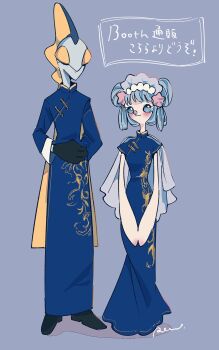 2others :3 bad_tag black_gloves black_shoes blue_background blue_dress blue_eyes blue_skin china_dress chinese_clothes closed_mouth colored_eyelashes colored_skin dress full_body furry gem gen_7_pokemon gen_8_pokemon gloves gold_trim hair_ornament helmet highres inteleon long_hair looking_at_viewer multiple_others nintendo other_focus pearl_(gemstone) pearl_hair_ornament pokemon pokemon_(creature) primarina rendoll sea_lion shoes simple_background snout standing starfish_hair_ornament updo white_fur