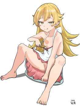 1girl 2026 anus barefoot blonde_hair breasts chergozi dress licking_lips loli monogatari_(series) nipples no_panties oshino_shinobu pointy_ears pussy small_breasts solo solo_focus tongue tongue_out white_dress yellow_eyes
