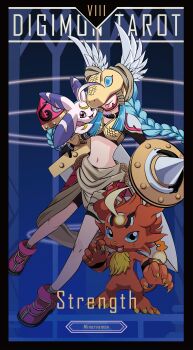 Rule 34 | 1boy, 2girls, :d, absurdres, ahoge, ankle boots, armor, bike shorts, black tube top, blue eyes, blue hair, body fur, boots, braid, buckler, card (medium), chibikemo, closed mouth, commentary request, coronamon, covered eyes, crescent, digimon, digimon (creature), digimon story: time stranger, fiery tail, fire, flat chest, full body, furry, furry female, gloves, helmet, helmet over eyes, highres, holding, holding shield, holding sword, holding weapon, huge weapon, lion boy, long hair, looking at viewer, lunamon, midriff, minervamon, multiple girls, navel, open mouth, purple eyes, rabbit girl, red boots, red fur, shield, shoulder pads, sidelocks, smile, standing, standing on one leg, strapless, sword, tai (cheungsk1213), tail, tarot, tarot (medium), tongue, tongue out, tube top, twin braids, very long hair, waist cape, weapon, winged helmet