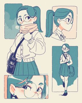 1girl absurdres bag earrings gaziter glasses highres jewelry long_sleeves original pleated_skirt shirt skirt sofia_(gaziter) standing white_shirt