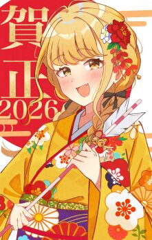 1girl 2026 absurdres arrow_(projectile) black_ribbon blonde_hair blush braid braided_twintails commentary_request egasumi fang floral_print floral_print_kimono flower fujita_kotone gakuen_idolmaster hair_flower hair_ornament hair_ribbon hamaya happy_new_year highres holding holding_arrow idolmaster iroha_822 japanese_clothes kanzashi kimono long_hair long_sleeves looking_at_viewer low_twintails new_year obi obiage obijime open_mouth print_kimono red_flower ribbon sash skin_fang smile solo swept_bangs tsumami_kanzashi twin_braids twintails upper_body white_background white_flower wide_sleeves yellow_eyes yellow_kimono