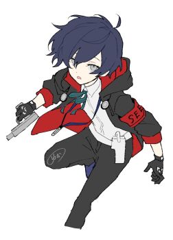 1boy armband black_gloves black_pants blue_hair blue_ribbon collared_shirt commentary_request cropped_legs dot_nose gloves grey_eyes gun handgun highres holding holding_gun holding_weapon hood hood_down hooded_jacket jacket male_focus mp3_player neck_ribbon nodoka906 open_mouth pants persona persona_3 red_armband ribbon s.e.e.s shirt short_hair signature simple_background solo two-sided_fabric two-sided_jacket weapon white_background white_shirt wing_collar yuuki_makoto_(persona_3)