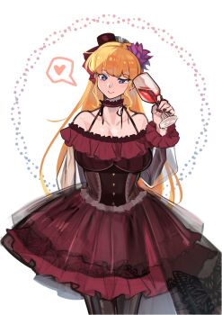 Rule 34 | 1girl, absurdres, alternate costume, bare shoulders, beatrice (umineko), blue eyes, breasts, cicococo, closed mouth, cup, dress, flower, hair flower, hair ornament, heart, highres, holding, holding cup, large breasts, long hair, looking at viewer, red dress, smile, solo, spoken heart, umineko no naku koro ni