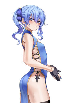 Rule 34 | 1girl, :/, alternate costume, ass, asymmetrical sidelocks, bead bracelet, beads, black gloves, blue dress, blue eyes, blue hair, blue nails, blush, bracelet, breasts, china dress, chinese clothes, closed mouth, commentary, cross-laced clothes, cross-laced dress, dress, earrings, fingernails, from side, gloves, gold trim, hair between eyes, hair ribbon, highres, hololive, hoshimachi suisei, jewelry, looking at viewer, mandarin collar, own hands together, partially visible vulva, ponytail, ribbon, side-tie dress, sidelocks, simple background, small breasts, solo, star (symbol), star earrings, star in eye, sweat, sweatdrop, symbol in eye, thigh strap, thighs, untranslatable commentary, virtual youtuber, white background, wszkii