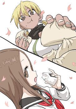 2girls :t absurdres asagao_(kunoichi_tsubaki_no_mune_no_uchi) bite_mark black_sailor_collar black_scarf blonde_hair brown_eyes brown_hair child closed_mouth creator_connection crossover dark-skinned_female dark_skin eating falling_petals food food_on_face giving_food highres holding holding_food japanese_clothes karakai_jouzu_no_takagi-san kimono kunoichi_tsubaki_no_mune_no_uchi looking_to_the_side low_twintails medium_hair multiple_girls neckerchief onigiri open_mouth parted_bangs petals red_neckerchief sailor_collar scarf school_uniform sleeveless takagi-san twintails upper_body white_kimono yamamoto_souichirou