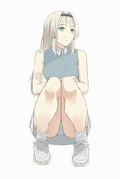 1girl alternate_costume an-94_(girls&#039;_frontline) ankle_socks asakiri_koko black_hairband blue_shirt collared_shirt commentary_request contrast_collar girls&#039;_frontline grey_hair hair_intakes hairband highres knees_up long_hair looking_to_the_side panties pantyshot shirt shoes sidelocks simple_background skirt sleeveless sleeveless_shirt sneakers socks solo squatting underwear white_background white_panties white_shoes white_skirt white_socks