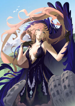 1girl absurdres aqua_eyes bare_shoulders black_dress black_hands black_veil blue_sky blue_veil breasts chimera cleavage collarbone colored_extremities cowboy_shot day dolimi dress floating_hair grass hair_between_eyes highres large_breasts long_hair looking_at_viewer monster_girl nautika_(reverse:1999) outdoors parted_lips pink_hair plunging_neckline reverse:1999 sidelocks simple_bird sky solo strapless strapless_dress taur two-tone_veil veil very_long_hair