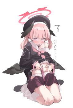 beret black_wings blue_archive feathered_wings halo hat head_wings holding_ruler koharu_(blue_archive) long_sleeves loose_socks maru_(gomimaru) measuring miniskirt neckerchief pink_eyes pink_hair pink_neckerchief ruler skirt sleeves_past_wrists socks winged_hat wings