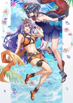 2girls absurdres bare_shoulders belt bikini blue_bikini blue_gloves blue_hair blue_sky breasts cleavage commentary_request fingerless_gloves fire_emblem fire_emblem:_radiant_dawn fire_emblem_awakening fire_emblem_heroes flower full_body gloves hair_flower hair_ornament highres long_hair looking_at_viewer lucina_(fire_emblem) lucina_(summer)_(fire_emblem) marth_(fire_emblem_awakening) mask medium_breasts mia_(fire_emblem) mia_(summer)_(fire_emblem) multiple_girls navel nintendo ocean official_alternate_costume okurasato open_mouth orange_bikini parted_lips purple_hair sandals see-through_clothes short_hair sky small_breasts swimsuit teeth twitter_username upper_teeth_only very_long_hair