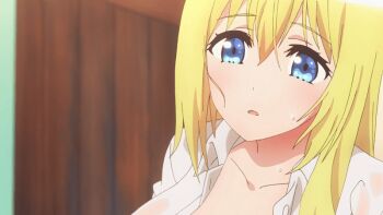 Rule 34 | 1girl, 2022, 20s, animated, animated gif, anime screenshot, bed, blonde hair, blue eyes, blush, breasts, cleavage, collarbone, covered erect nipples, enome, futoku no guild, huge breasts, large breasts, long hair, long sleeves, mature female, naked shirt, no bra, shirt, sweat, sweaty clothes, tagme, wet, wet clothes, wet shirt, white shirt