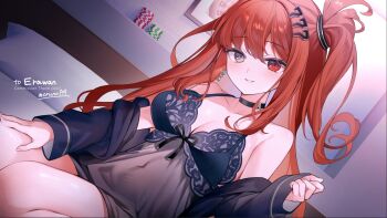 1girl artist_name babydoll bed black_bra bra breasts choker cleavage commission covered_navel daiya_fortuna english_text erawanlh feet_out_of_frame grey_eyes hair_ornament hairclip heterochromia highres long_hair looking_at_viewer medium_breasts pixellink poker_chip red_eyes red_hair side_ponytail sitting smile solo underwear virtual_youtuber