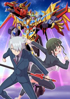 1boy 1girl anosillus_ii anti_(ssss.gridman) armor black_hair blue_eyes breasts earrings formal_clothes glasses glowing glowing_eyes grey_hair gridknight_(ssss.gridman) gridman_universe highres holding holding_sword holding_weapon jacket jewelry kaiser_gridknight kaneko_naoya katana long_hair long_sleeves looking_at_viewer mecha necktie open_hand open_mouth red_eyes robot science_fiction shirt short_hair shoulder_armor shoulder_cannon smile ssss.dynazenon suit super_robot sword v-fin weapon white_shirt wings