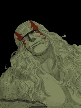 Rule 34 | 1boy, absurdres, alex (street fighter), bare pectorals, beanie, black background, blue eyes, close-up, collared jacket, docilebread, facial mark, fuzzy clothes, hat, highres, jacket, long hair, patterned clothing, pectorals, smirk, street fighter, street fighter 6, street fighter iii (series)