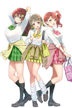 Rule 34 | 3girls, bag, black socks, blue eyes, blush, bow, bowtie, breasts, brown hair, cardigan, cardigan around waist, clothes around waist, collared shirt, commentary request, emma verde, freckles, full body, green bow, green bowtie, green eyes, green skirt, gyarugasaki, hair ornament, hair scrunchie, highres, kneehighs, large breasts, loafers, long hair, looking at viewer, loose socks, love live!, love live! nijigasaki high school idol club, low twintails, miniskirt, multiple girls, nakasu kasumi, official alternate costume, official alternate hairstyle, open mouth, pink bow, pink bowtie, pink eyes, pink skirt, plaid bow, plaid bowtie, plaid clothes, plaid skirt, pleated skirt, pom pom (clothes), pom pom hair ornament, sankuro (agoitei), school bag, scrunchie, shirt, shoes, short twintails, side ponytail, simple background, skirt, smile, socks, standing, star (symbol), star hair ornament, twintails, uehara ayumu, v, v over mouth, white background, white shirt, white socks, wrist scrunchie, yellow bow, yellow bowtie, yellow skirt