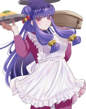 1girl apron china_dress chinese_clothes double_bun dress hair_bun highres long_hair looking_at_viewer purple_hair ranma_1/2 red_dress shampoo_(ranma_1/2) sidelocks