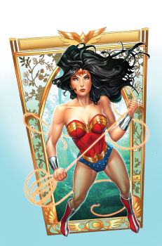 1girl black_hair blue_eyes boots dc_comics full_body holding_lasso lasso lasso_of_truth long_hair looking_at_viewer nei_ruffino red_boots solo standing tiara wonder_woman wonder_woman_(series)