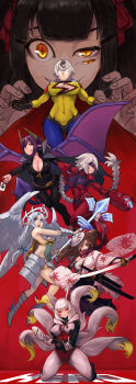 6+girls :p absurdres angel angel_wings animal_ears aqua_halo arm_cannon armor armored_boots asymmetrical_clothes bare_shoulders belt black_bodysuit black_boots black_gloves blindfold bodysuit boots braid braided_ponytail breastplate breasts cape card chest_sarashi claw_pose cleavage cleavage_cutout closed_mouth clothing_cutout cosmic_woman_(mon-musu_quest!) cyber_knight_(mon-musu_quest!) cyborg demon_girl demon_horns demon_tail demon_wings english_text extra_eyes eyes_visible_through_hair facial_mark feathered_wings fox_ears fox_girl fox_mask fox_shadow_puppet fox_tail ghost_fox_(mon-musu_quest!) gloves glowing glowing_eyes gold grin hair_ornament hair_ribbon half-closed_eyes halo haruharudog high_heels highres hime_cut hip_armor hiruko_(mon-musu_quest!) holding holding_polearm holding_sword holding_weapon hood hood_down horns japanese_clothes jesiah_(mon-musu_quest!) katana kimono kitsuneka_(mon-musu_quest!) large_breasts leotard light_smile mask mechanical_arms medium_breasts medium_hair melty_bat_(mon-musu_quest!) midair mon-musu_quest! mon-musu_quest:_paradox multiple_girls multiple_tails navel open_mouth orange_eyes pantyhose pointy_ears polearm purple_eyes purple_hair purple_skirt purple_wings red_cape red_leotard red_ribbon red_scarf ribbon sarashi scarf sharp_teeth sheath skirt smile star-shaped_pupils star_(symbol) star_hair_ornament superhero_costume sword symbol-shaped_pupils tail teeth tongue tongue_out twintails underboob veins very_long_cape weapon white_eyes white_hair white_kimono white_pantyhose white_tail white_wings wings zipper zipper_pull_tab