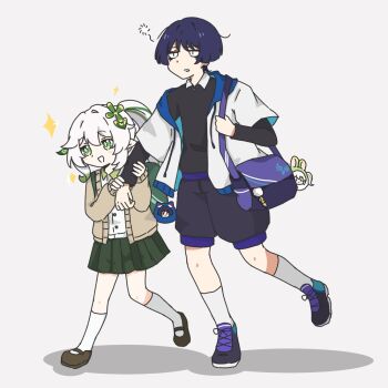 1boy 1girl alternate_costume anemo_symbol_(genshin_impact) bag black_shirt black_shoes black_shorts black_sleeves blunt_ends blush brown_cardigan brown_sleeves cardigan character_doll choppy_bangs commentary_request constricted_pupils contemporary contrast_collar cross-laced_shoes cross-shaped_pupils doll drawstring eyeliner feathers full_body genshin_impact green_eyes green_hair green_pupils green_skirt hair_ornament height_difference holding_another's_arm jacket kneehighs layered_sleeves leaf leaf_hair_ornament long_hair long_sleeves looking_to_the_side makeup mary_janes mid-stride multicolored_hair nahida_(genshin_impact) open_cardigan open_clothes open_jacket open_mouth pleated_skirt pointy_ears pom_pom_(clothes) purple_bag red_eyeliner rounded_collar scaramouche_(genshin_impact) school_uniform shirt shoes short_over_long_sleeves short_sleeves shorts shoulder_bag side_ponytail sidelocks skirt sneakers socks streaked_hair symbol-shaped_pupils undershirt wanderer_(genshin_impact) white_background white_hair white_jacket white_shirt white_sleeves white_socks yellow_feathers youtho