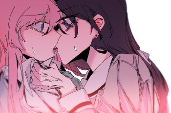 2girls bang_dream! bang_dream!_it&#039;s_mygo!!!!! black_hair blue_eyes chihaya_anon clothes_grab commentary eye_contact french_kiss grabbing_another&#039;s_shirt green_necktie hanasakigawa_school_uniform haneoka_school_uniform hashtag-only_commentary kiss long_hair long_sleeves looking_at_another multiple_girls necktie pink_hair purple_eyes sailor_collar saliva school_uniform shiina_taki shirt simple_background thighhighs upper_body white_background white_sailor_collar white_shirt yuri z_akane890