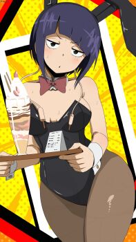 1girl alternate_breast_size_(larger) animal_ear_hairband animal_ears audio_jack bambi2000line black_eyes black_hair black_leotard blush boku_no_hero_academia bow bowtie breasts cleavage detached_collar drink fake_animal_ears food hairband highleg highleg_leotard highres holding holding_tray ice_cream ice_cream_float jiro_kyoka large_breasts leotard long_earlobes looking_at_viewer pantyhose playboy_bunny rabbit_ear_hairband rabbit_ears short_hair strapless strapless_leotard sweat tray waitress white_wrist_cuffs wide_hips wrist_cuffs