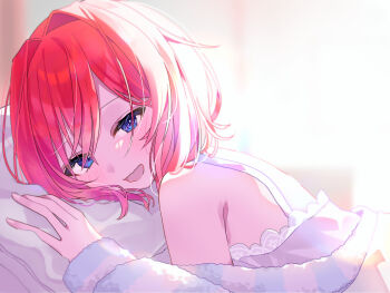 393_kani_(sakusa_kani) :d absurdres ange_katrina ange_katrina_(6th_costume) armpit_crease bare_shoulders bed blue_eyes blue_jacket blush camisole commentary_request eyelashes grey_camisole hair_intakes hand_up head_on_pillow highres jacket lace-trimmed_camisole lace_trim long_bangs long_sleeves looking_at_viewer lying nijisanji off_shoulder on_bed on_stomach open_mouth pillow pov_across_bed red_hair short_hair smile striped_clothes striped_jacket turning_head virtual_youtuber