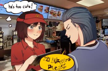 1boy 1girl absurdres black_hair blue_hair blush couple english_text grey_eyes highres long_hair mcdonald's nunuinonemi red_hair ruby_rose rwby short_hair sky_lark