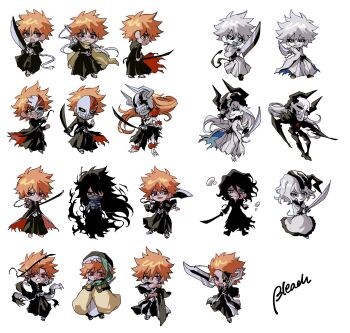 bankai black_hair black_hakama black_kimono black_sclera bleach brown_eyes closed_mouth colored_sclera colored_skin facial_hair hair_between_eyes hakama highres holding holding_sword holding_weapon hole_in_chest hole_on_body hollow_(bleach) hollow_ichigo hollow_mask hollowfication horns japanese_clothes kimono kurosaki_ichigo long_hair long_sleeves looking_at_viewer male_focus mugetsu_form_(bleach) multiple_boys n_ep_tune2 open_mouth orange_hair shihakusho shikai shinigami shirt short_hair simple_background smile spiked_hair sword tensa_zangetsu_(bankai) true_zangetsu_(bankai) true_zangetsu_(shikai) weapon white_hair white_skin yellow_eyes zangetsu_(bleach) zangetsu_(shikai) zanpakutou