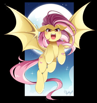 animal animal_focus bat_wings blush commentary commission cutie_mark english_commentary fangs flutterbat fluttershy full_moon highres hooves long_hair looking_at_viewer moon my_little_pony my_little_pony:_friendship_is_magic myufish no_humans open_mouth pegasus pink_hair pony_(animal) red_eyes solo tail wings
