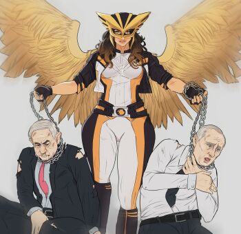 1girl 2boys absurdres belt benjamin_netanyahu black_belt black_bodysuit black_gloves black_jacket black_necktie black_pants bodysuit breasts brown_eyes brown_hair chain collared_shirt dc_comics dc_universe_(franchise) feathered_wings fingerless_gloves gloves grey_hair hawkgirl helmet highres holding holding_chain jacket kendra_saunders long_hair medium_breasts multicolored_bodysuit multiple_boys necktie old old_man orange_bodysuit pants real_life shirt suit_jacket superhero_costume superman_(2025) superman_(series) vladimir_putin white_bodysuit white_shirt wings yellow_gloves yoracrab