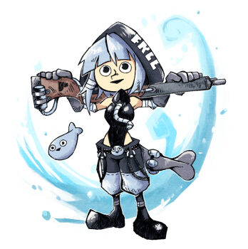 Rule 34 | black boots, black leotard, black mouth, blue hair, blunt bangs, boots, breasts, commentary, creature and personification, diving mask, english commentary, fish, full body, goggles, gun, hood, hood up, leotard, medium hair, original, pants, personification, sacabambaspis, setz, standing, triangle mouth, weapon