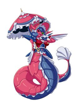 black_sclera blue_hair colored_sclera digimon digimon_(creature) dragon_ball dragonball_z hat horns lamia lamiamon long_hair looking_at_viewer monster_girl ribbon transparent_background yellow_eyes