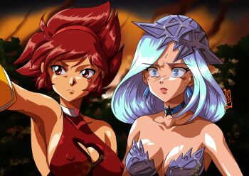 Rule 34 | 2girls, armpits, artist name, bishoujo senshi sailor moon, bishoujo senshi sailor moon s, blue eyes, blue hair, breasts, choker, cleavage, cleavage cutout, clothing cutout, collar, covered erect nipples, cutie honey, cutie honey (character), earrings, gloves, hair ornament, heart, heart choker, heart cutout, heart tattoo, highres, jewelry, kurumi-lover, lips, lipstick, looking away, looking to the side, makeup, medium breasts, multiple girls, nipples, red eyes, red hair, shiny skin, short hair, star (symbol), star choker, tattoo, viluy (sailor moon), worried