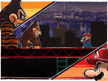 Rule 34 | 2boys, ape, barrel, big nose, black eyes, blue eyes, blue overalls, border, bright pupils, brown footwear, brown fur, brown hair, city, cityscape, clenched hand, climbing ladder, construction site, donkey kong, donkey kong (1981 game), donkey kong (series), facial hair, from side, fur, gloves, gorilla, grin, hammer, highres, jiggidyjakes, ladder, long sleeves, looking at another, mario, mario (series), multiple boys, mustache, necktie, nintendo, notice lines, overalls, red headwear, red necktie, shoes, showdown, size difference, smile, steel beam, thick eyebrows, white border, white gloves, white pupils