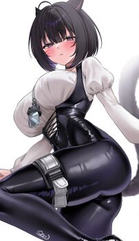 1girl :t ahoge alternate_color animal_ears black_bodysuit black_choker black_hair bodysuit breasts cat_ears cat_girl check_commentary choker commentary commentary_request cosplay facial_mark final_fantasy final_fantasy_ix final_fantasy_xiv from_behind garnet_til_alexandros_xvii garnet_til_alexandros_xvii_(cosplay) highres jewelry juliet_sleeves large_breasts long_sleeves looking_at_viewer miqo'te necklace pout puffy_sleeves purple_eyes shhilee shirt short_hair signature simple_background solo warrior_of_light_(ff14) whisker_markings white_background white_shirt