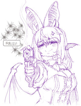 1girl animal_ears bat_ears bat_girl bat_wings breasts brown_long-eared_bat_(kemono_friends) cleavage elbow_gloves extra_ears fingerless_gloves gloves gun highres holding holding_gun holding_weapon kemono_friends kemono_friends_v_project kosai_takayuki large_breasts leotard long_hair looking_at_viewer microphone multicolored_hair simple_background solo streaked_hair upper_body virtual_youtuber weapon wings